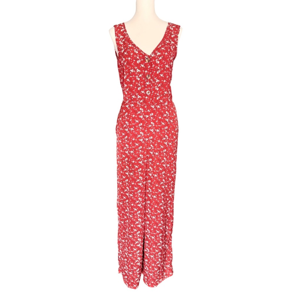 Baileys Blossoms Red Floral Sleeveless Wide Leg Button Front Jumpsuit Small